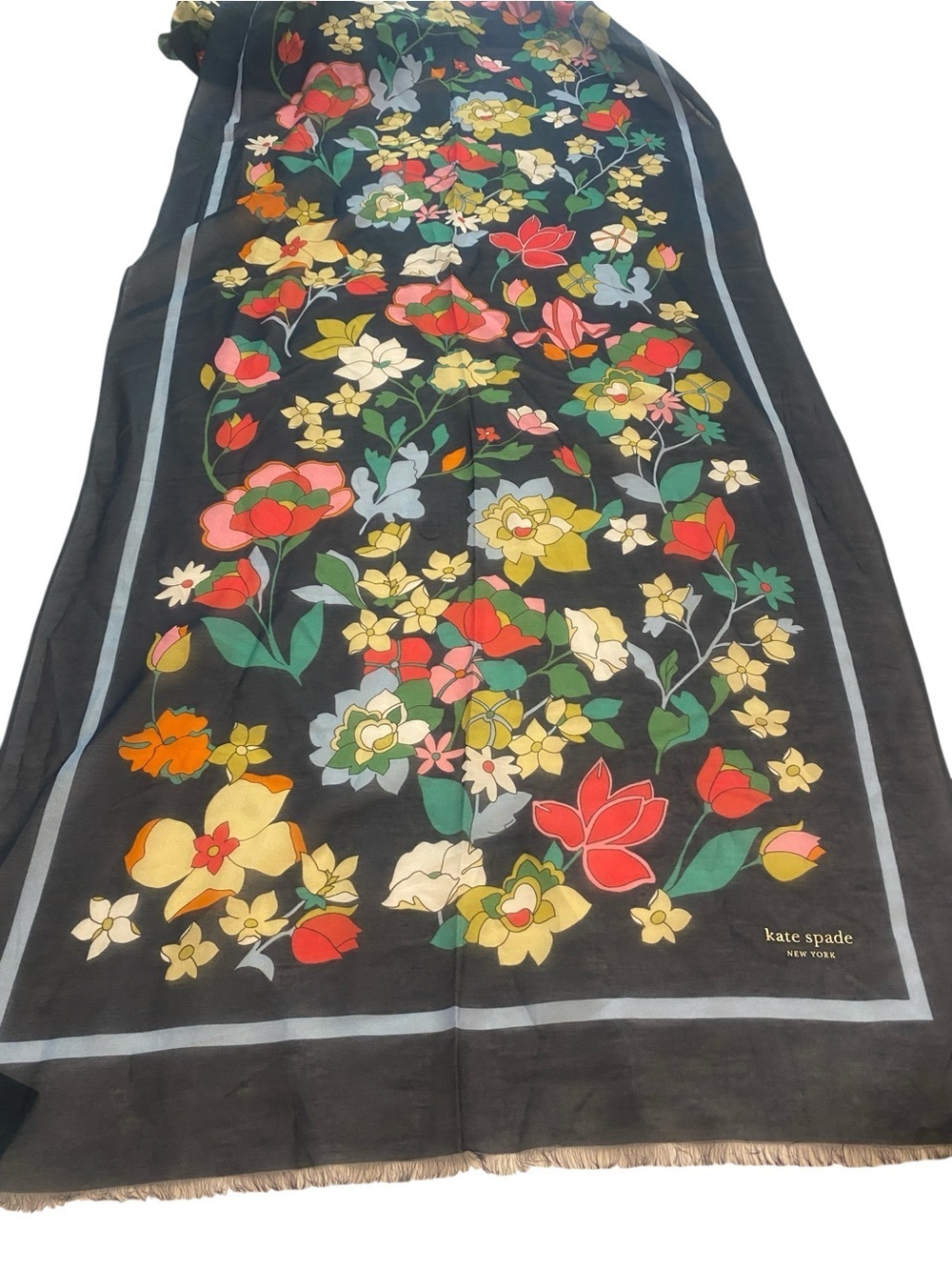 kate spade navy floral silk cotton flower bed Ablong scarf lightweight New tag